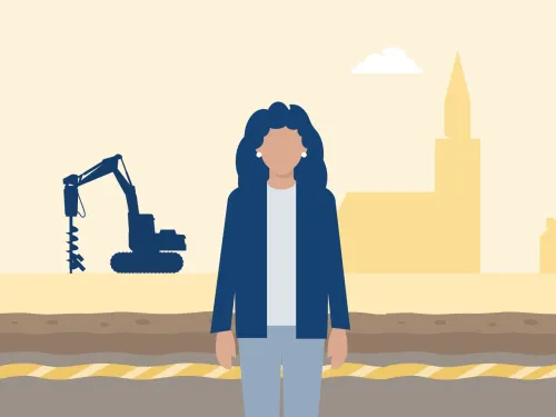 Illustratie van een persoon met op de achtergrond een boor en de ondergrond