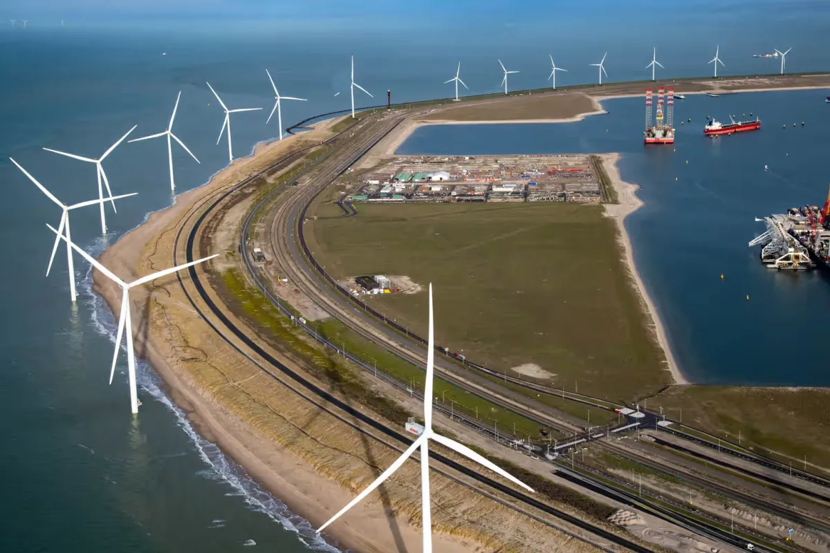 Luchtfoto van windmolens bij de Maasvlakte 2