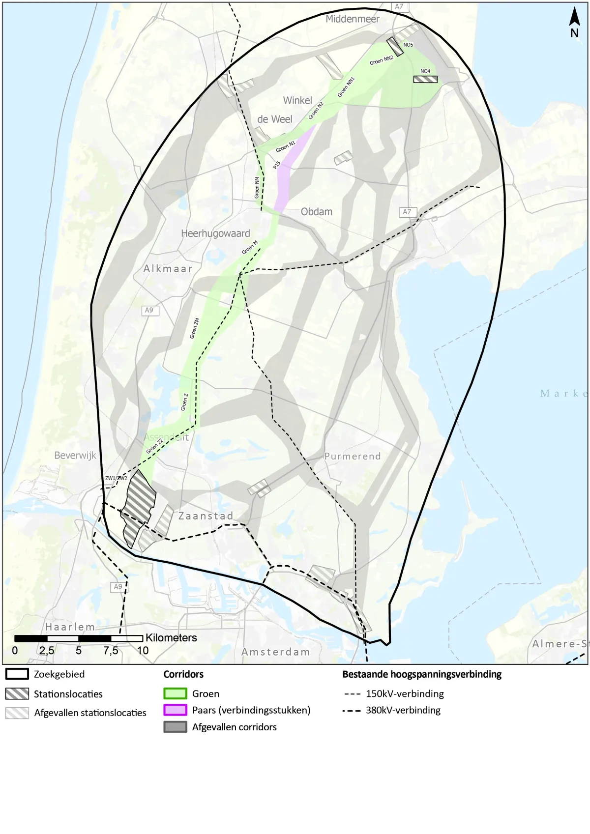 Plattegrond van Noord-Holland met de nieuwe voorkeursroute